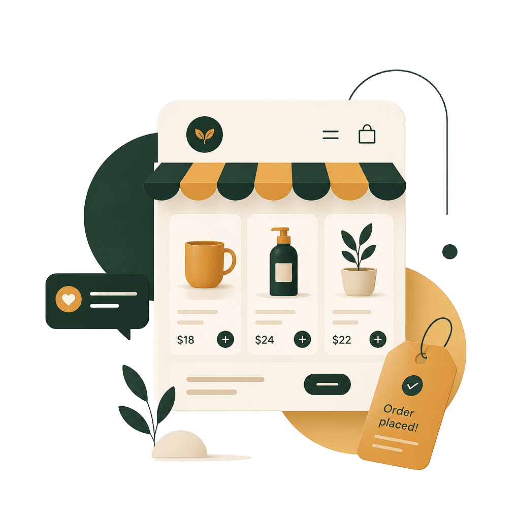 Ilustração de uma vitrine online, com produtos, preços e um pedido confirmado
